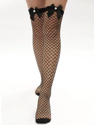 PEARL BOW FISHNET STOCKING - Black