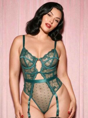 FORBIDDEN FLORAL GARTER TEDDY - Green